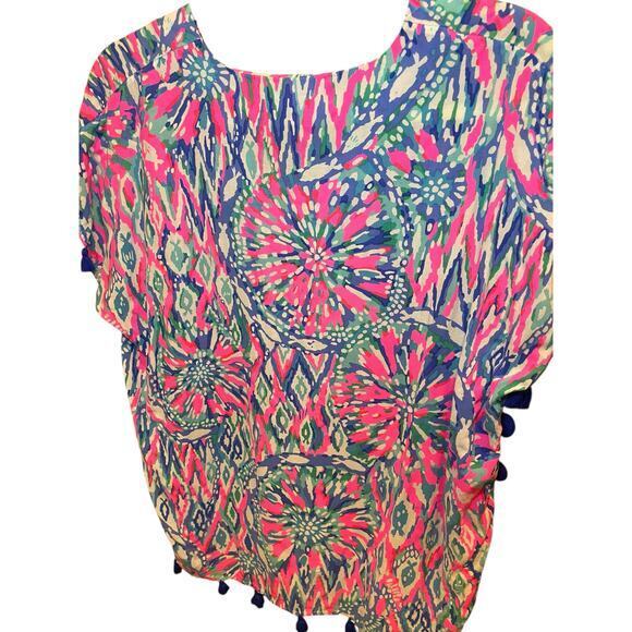 Lilly Pulitzer Women XS Top Tunic‎ Short Sleeve Sydney Caftan Pink Blue Tassels - Picture 14 of 16